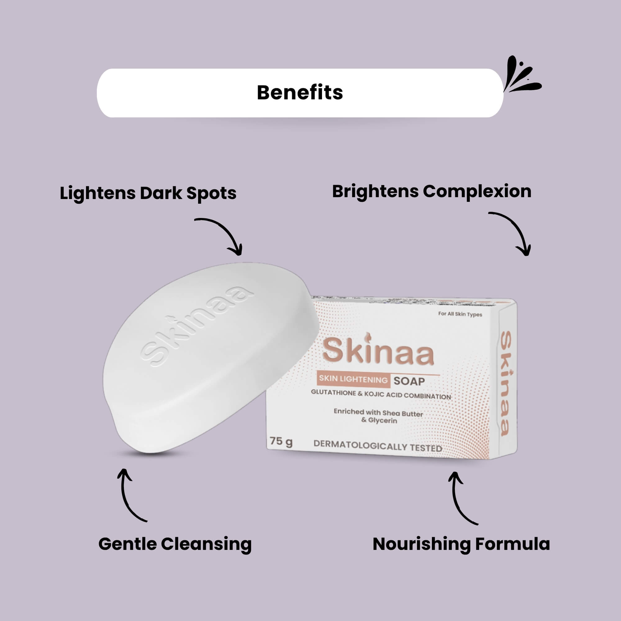Skinaa Skin Lightening Soap with Glutathione and Kojic Acid – brightens complexion, lightens dark spots, gently cleanses, and nourishes skin.